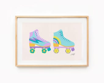 Retro Roller Skates Art Print, Colorful Illustration Wall Art, Flower Power Aesthetic Poster, Trendy Dorm Room Decor
