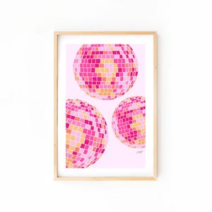 Rosa Diskokugeln Art Print, Spiegelball Kunstwerk, Trendige Retro Wandkunst, Niedliches Schlafzimmer Dekor, Preppy Poster