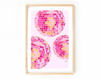 Pink Disco Balls Art Print, Mirror Ball Artwork, Trendy Retro Wall Art, Cute Dorm Room Decor, Preppy Poster