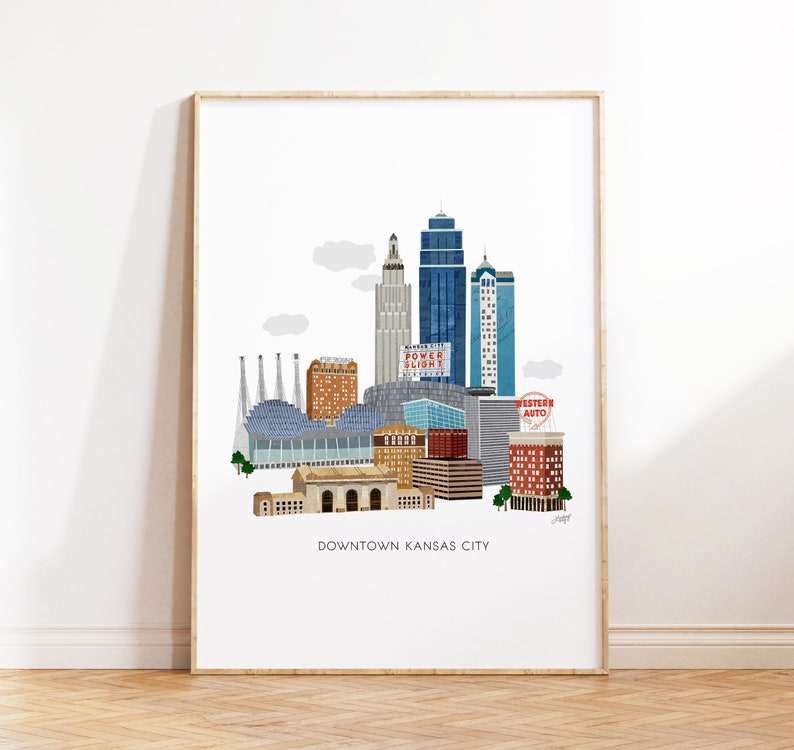 kansas city downtown skyline cityscape illustration art print poster missouri wall art chiefs