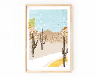 Desert Mountain Abstract Collage Art Print, Desert Art, Mixed Media Cacti Western Wall Art