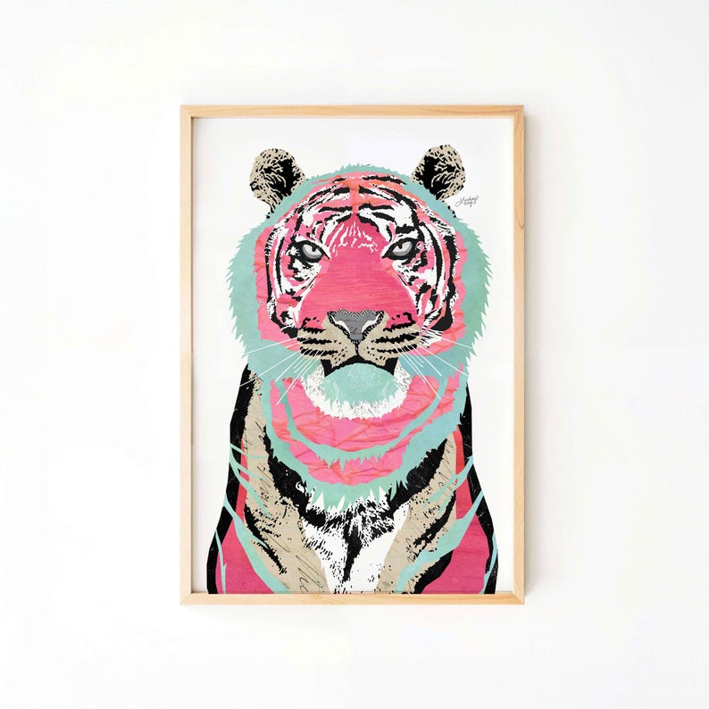 May include: A framed print of a colorful tiger with pink, blue, and black stripes. The tiger's eyes are black and the background is white.