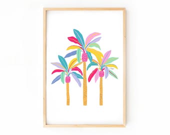 Impressão artística de palmeira, decoração de casa de praia tropical, decoração de parede boho, arte de planta praiana em tons pastel