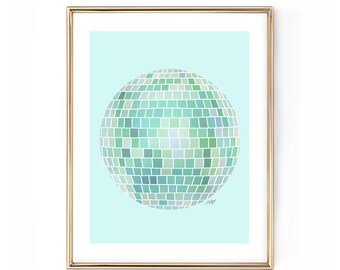 Disco Balls Illustration - Art Print, Mirror Ball Artwork, Trendy, Retro Wall Art Decor, Dorm Room, Green Disco Balls, Cute Art, Dancing