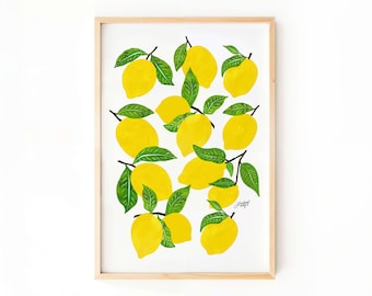 Lemons Illustration Art Print, Cute Kitchen Wall Art, Fruit Wall Art Print, Retro Lemon Poster, Trendy Lemon Artwork