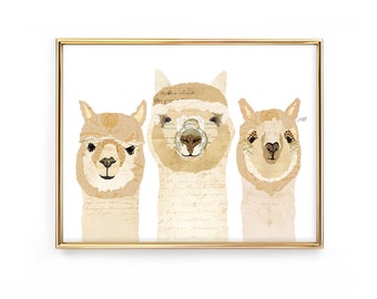 Three Alpacas - Collage Illustration Art Print