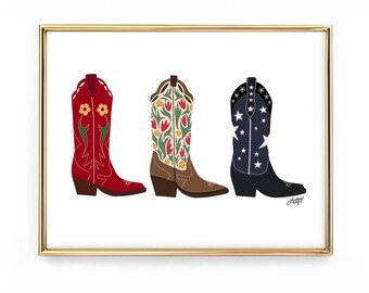 Cowgirl Boots Illustration Art Print, Western Cute Wall Art, Trendy Dorm Room Decor