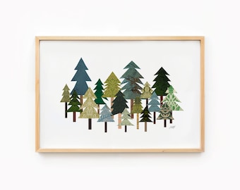 Woodland Trees Collage Art Print, Mixed Media Nature Wall Art, Forest Landscape Artwork, Rustic Cabin Decor, Boho Home Print