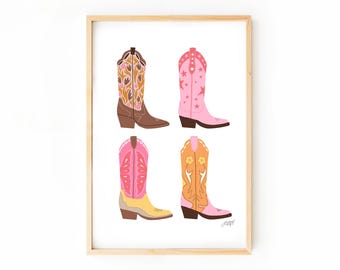 Rosa Cowgirl Stiefel Illustration Kunstdruck, niedliche trendige westliche Wandkunst, Girly Studentenwohnheim Kunstwerk, Cowgirl atheistische Kunst, niedliches westliches Plakat
