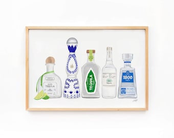 Tequila Bottles Illustration Art Print, Bar Cart Decor, Trendy Kitchen Artwork