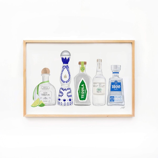 Tequila Bottles Illustration Art Print, Bar Cart Decor, Trendy Kitchen Artwork