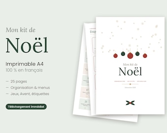 Kit de Noël imprimable A4 en français, planner de Noël, calendrier de l'Avent, étiquettes cadeaux, jeux de famille, menus, PDF