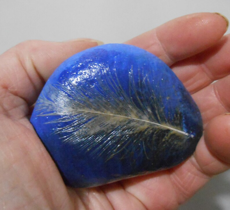 HAND PAINTED PEBBLE Real Feather Rock Art Paperweight Etsy