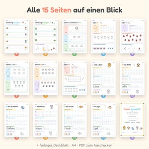 Puede incluir: Un conjunto de 15 hojas de trabajo educativas para ni&ntilde;os, con ejercicios de caligraf&iacute;a para n&uacute;meros y letras, ilustraciones coloridas de animales y objetos, y el texto Alle 15 Seiten auf einen Blick.