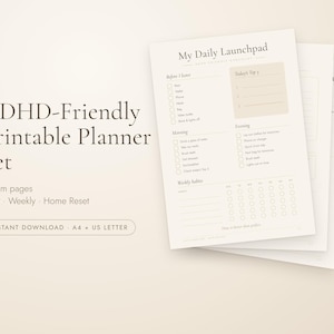 Puede incluir: Un conjunto de tres páginas de planificador imprimibles tituladas My Daily Launchpad, con secciones para Before I leave, Today's Top 3, Morning, Evening y Weekly habits. El diseño es beige con texto oscuro, casillas y líneas.