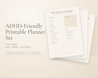 以下が含まれることがあります： My Daily Launchpadというタイトルの印刷可能なプランナーページ3枚セット。Before I leave、Today's Top 3、Morning、Evening、Weekly habitsのセクションがあります。ベージュのデザインに暗い色のテキスト、チェックボックス、線が配置されています。