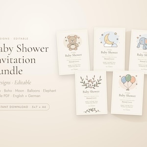 Puede incluir: Un paquete de cinco plantillas editables de invitación para baby shower con ilustraciones de un osito, una luna creciente, un elefante, hojas y globos. El texto dice Baby Shower Invitation Bundle, 5 Designs, Editable.