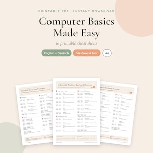 Könnte beinhalten: Ein Set aus 10 druckbaren Spickzetteln mit dem Titel Computer Basics Made Easy, die Tastaturkürzel für Windows und Mac enthalten. Die Dokumente sind im A4-Format und in Englisch sowie Deutsch verfügbar.