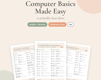 以下が含まれることがあります： WindowsおよびMac用のキーボードショートカットを記載した、Computer Basics Made Easyというタイトルの印刷可能なチートシート10枚セット。A4サイズで、英語とドイツ語で提供されるデジタルダウンロード商品。