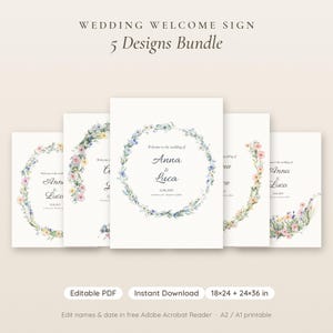 Puede incluir: Un paquete de cinco plantillas de letreros de bienvenida para bodas con coronas florales de acuarela en tonos azul, rosa y amarillo. El texto dice Wedding Welcome Sign, 5 Designs Bundle, e incluye espacios para nombres y fechas.