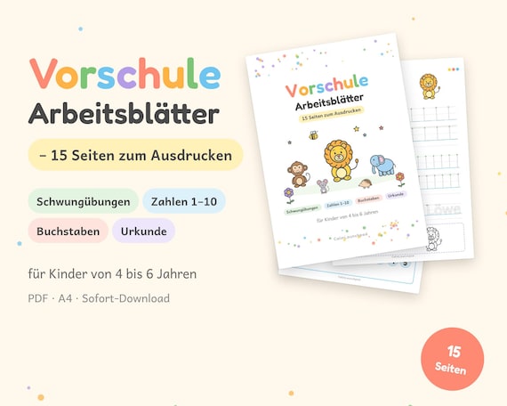 Vorschule Arbeitsblätter zum Ausdrucken, Vorschulheft ab 4 Jahren, Zahlen 1-10, Buchstaben & Schwungübungen, Kita und Zuhause, A4 PDF