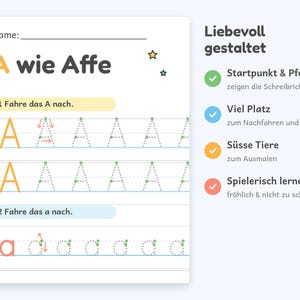 Puede incluir: Una hoja de trabajo educativa blanca para ni&ntilde;os con la letra A, el texto A wie Affe, Name, e instrucciones para trazar letras may&uacute;sculas y min&uacute;sculas. La p&aacute;gina incluye flechas direccionales, l&iacute;neas punteadas y una lista de caracter&iacute;sticas con marcas de verificaci&oacute;n.