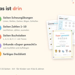 Puede incluir: Un conjunto de 15 hojas de trabajo educativas A4 para ni&ntilde;os que incluyen ejercicios de trazo, n&uacute;meros del 1 al 10, letras L, A, E, M, F, I con animales y un certificado Super gemacht con estrellas e iconos.
