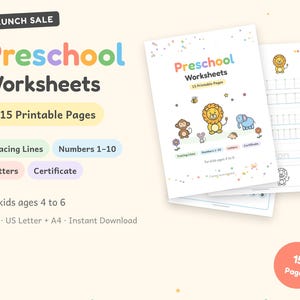 Puede incluir: Un conjunto de 15 hojas de trabajo preescolares imprimibles con ilustraciones coloridas de un león, un mono, un elefante y un ratón. La portada muestra el texto Preschool Worksheets, 15 Printable Pages y for kids ages 4 to 6.