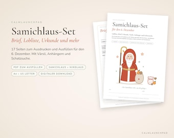 以下が含まれることがあります： 12月6日用の印刷可能な17ページのSamichlaus-Setデジタルドキュメント。テキストにはSamichlaus-Set、Brief、Lobliste、Urkunde und mehrが含まれています。グラフィックには、杖と袋を持ったサンタクロースの漫画キャラクターと、バッグやオレンジの小さなアイコンが描かれています。