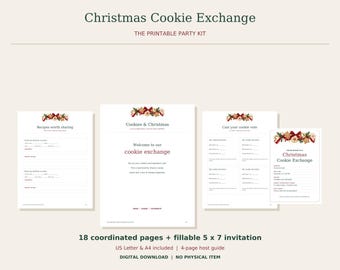Kit per lo scambio di biscotti di Natale, pacchetto per feste stampabile con invito compilabile, schede con ricette, schede di voto e giochi.