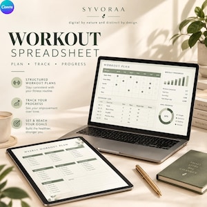 May include: A digital workout spreadsheet displayed on a laptop and tablet screen, featuring a weekly workout plan, exercise log, and progress charts. The interface includes text labels like Workout Plan, Weekly Progress, and Goal Progress in a clean, organized layout with green accents.