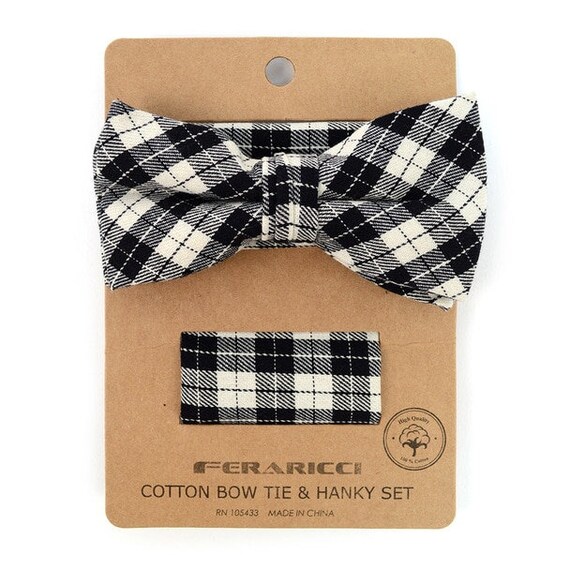 Men's Black Beige Plaid Cotton Wedding Bow Tie Set