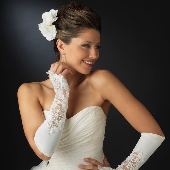 Elbow Fingerless Lace Embellished Bridal Glove