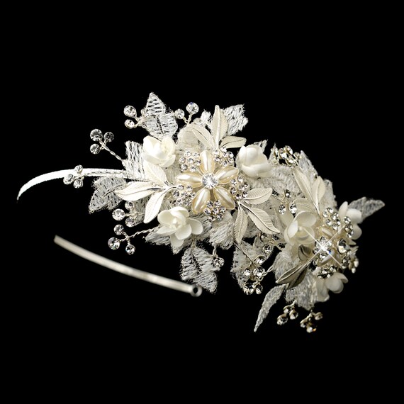 Diamond White Sparkle Flower Bridal Side Accented Headband