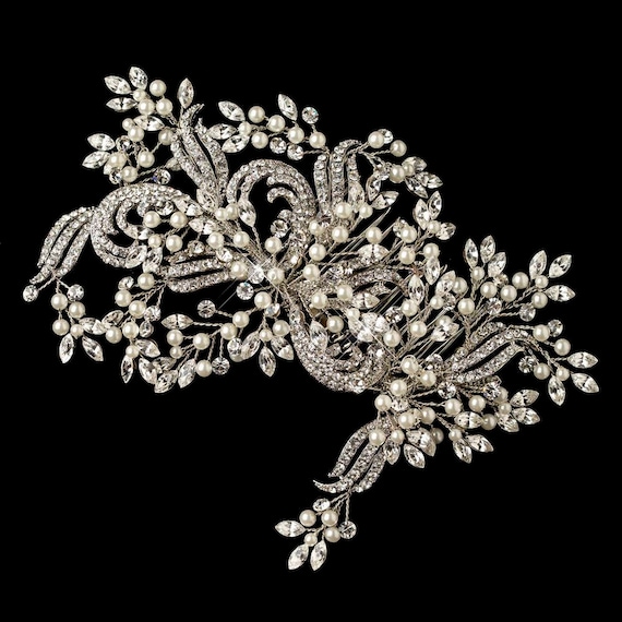 Rhodium Ivory Pearl Clear Rhinestone Couture Vine Hair Comb