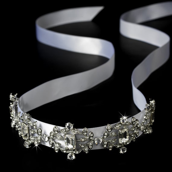Vintage Halo Crystal Hair Jewelry Bridal Ribbon Headband