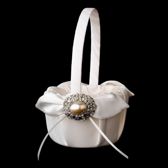 Flower Girl Basket with Antique Ivory Oval Pearl Brooch