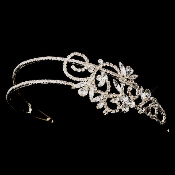 Two Row Crystal Headband Side Accented Bridal Silver Headband