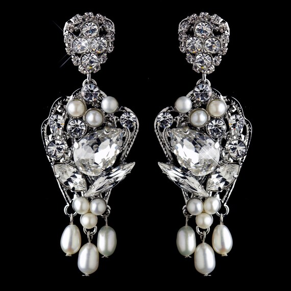 Antique Rhodium Silver Clear Rhinestone & Freshwater Pearl Accent Drop Earrings