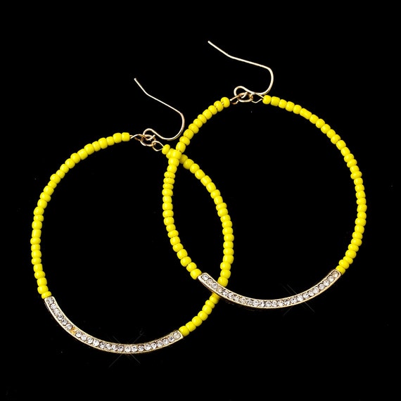 Gold Yellow Bead Clear Rhinestone Hoop Dangle Earrings