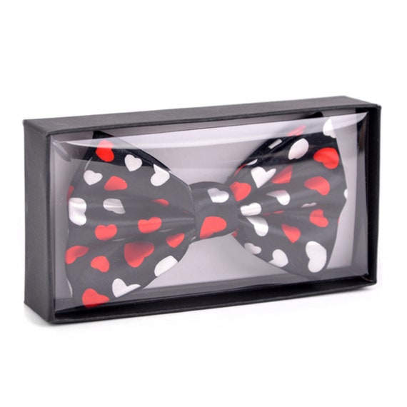 Men's Red/White Heart Black Banded Bow Tie