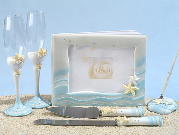 Starfish Beach Wedding Guest Book, Pen, Toasting Flutes and Cake Server Set