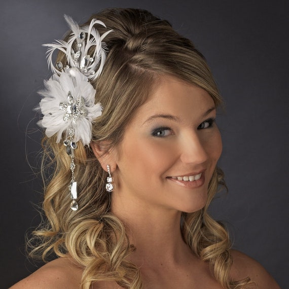 Vintage Bridal Feather Hair Fascinator with Dangling Crystals Clip with Brooch Pin