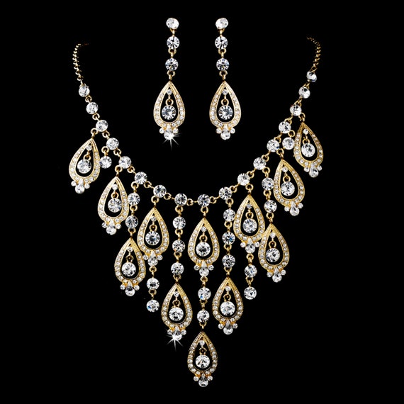 Gold Clear Pear Shape Necklace Earring Set