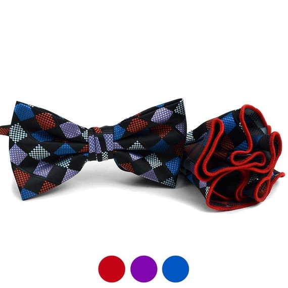 Checkered Pattern Banded Mens Bridal Bow Tie Set