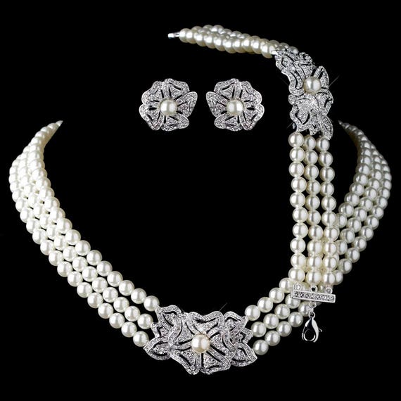 3pc Rhodium Ivory Pearl & Rhinestone Vintage Floral Necklace, Earrings, and Bracelet Set