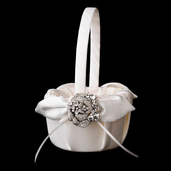 Flower Girl White Wedding Basket, Satin Basket, Antique Ivory Basket, Flower Basket, Flower Girl Gift, Flower Girl Baskets