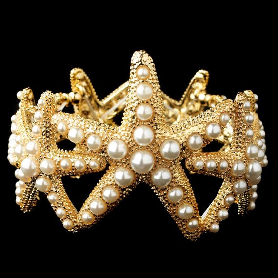 Gold Light Ivory Stretch Pearl Starfish Bracelet