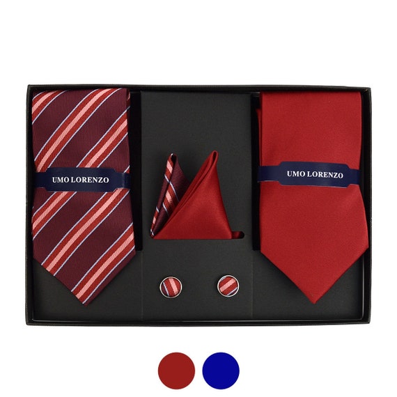 Mens Blue Red Grooms Striped Solid Wedding Tie Hanky Cufflinks Set
