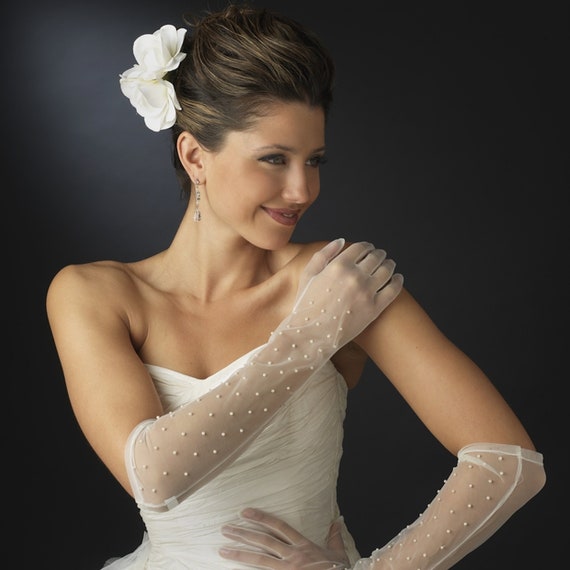 Long Sheer Bridal Glove with Scattered Pearls